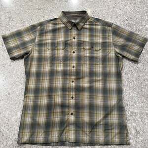 KUHL Eluxur Shirt Men's Medium Green Blue Plaid Short Sleeve Button Outdoor Size